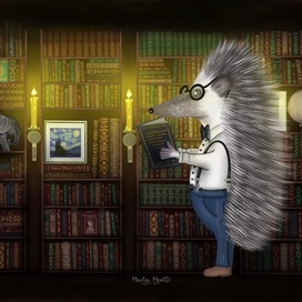 Ежик в библиотеке читает книгу