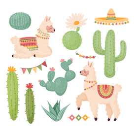 Сет с милыми мексиканскими ламами и кактусы