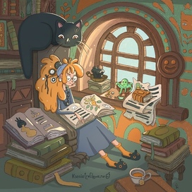 Рыжая ведьмочка с котом в библиотеке.