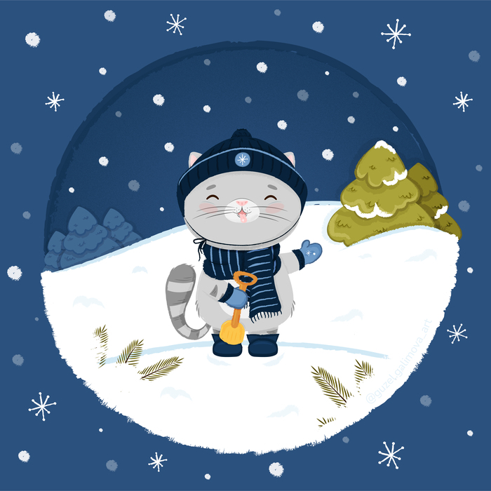 Иллюстрация Котенок ловит снежинки в стиле детский