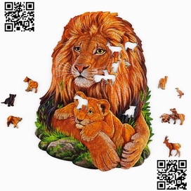 Фигурный деревянный пазл Лев и львенок