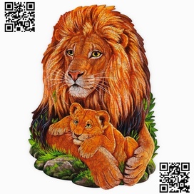 Фигурный деревянный пазл Лев и львенок