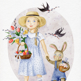 Девочка с букетом и корзинкой яиц ведет пасхального кролика. 