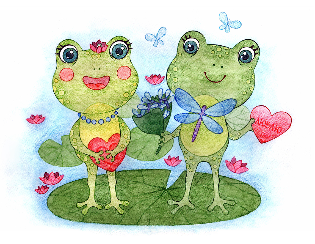 Иллюстрация Влюбленные лягушки в стиле декоративный, детский,