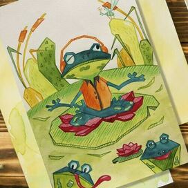 Акварельная иллюстрация персонажа медитирующей лягушки для детской книги