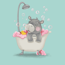 Малыш бегемот принимает ванну