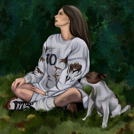 Девушка с собакой в саду