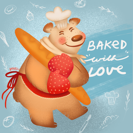 Дизайн персонажа мишка пекарь с багетом для пекарни 