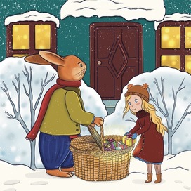 Девочка и кролик разносят подарки 