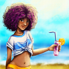 девушка с коктейлем на пляже