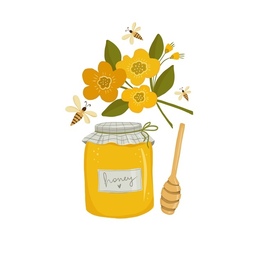 Иллюстрация набор пчеловода. Мед, яркая, сочная баночка меда, пчелы, цветы желтые, опыление.