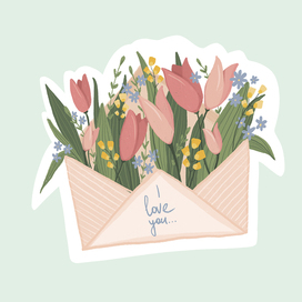 Весенние цветы в конверте,наклейка стикер, иллюстрация