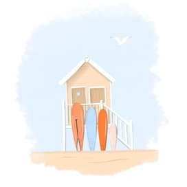 Пляжный домик на море, сапборд,иллюстрация книжная
