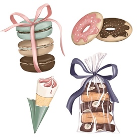 Иллюстрации,набор десертов,мороженое в рожке,макарон,пончик