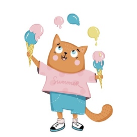 Рыжий кот жонглирует мороженым. Иллюстрация