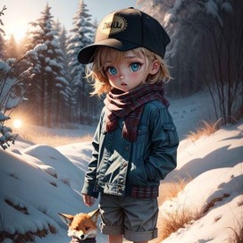 AI.Мальчик в зимнем лесу с маленьким лисенком.Комикс,чиби.