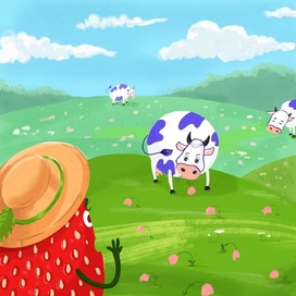 Иллюстрация с клубникой и фиолетовыми коровами