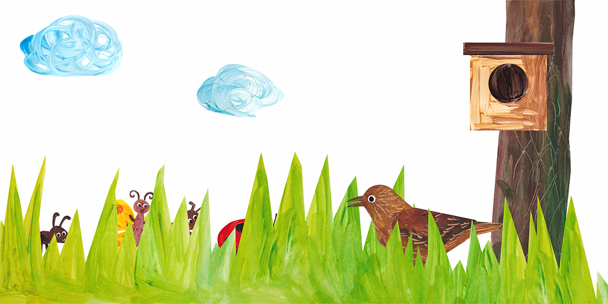 Иллюстрация Птица и насекомые в траве в стиле природа