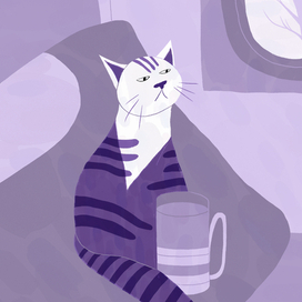 Грустный кот едет в поезде с чаем в чашке с подстаканником