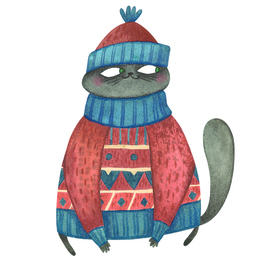 Упитанный зимний кот, иллюстрация для открытки