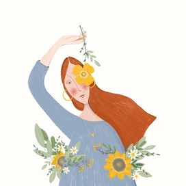 Иллюстрация,осенняя девушка с цветами,книжный персонаж,осень