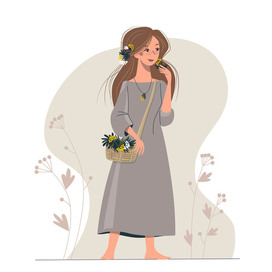 Девушка в платье собирает полевые цветы.
