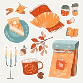 Иллюстрация уютная осень стикеры чашка чая пирог свечи книга