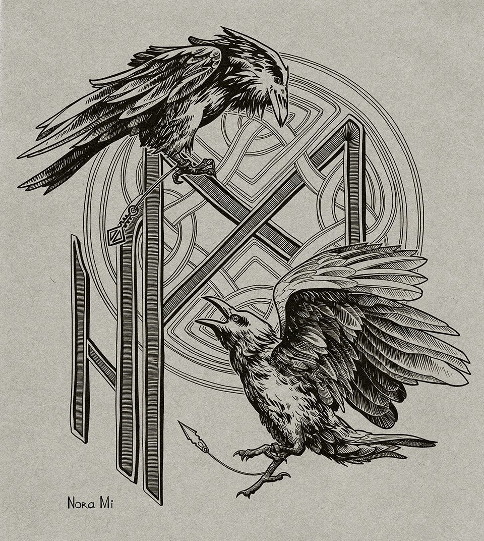 Иллюстрация Хугин и Мунин - вороны Одина в стиле 2d |