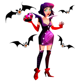 Хеллоуин. Кровожадная девушка-вампир с летучими мышами. Креативный персонаж.