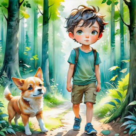 ИИ. Иллюстрация из детской книжки. Маленький мальчик гуляет по лесу с собакой. Акварель.