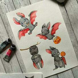 cute bats watercolor works милые летучие мыши для хеллоуина