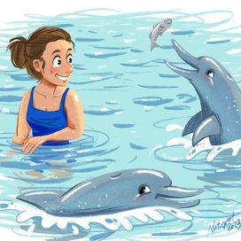 Сюжетная иллюстрация. Девушка и дельфины