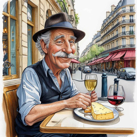 ИИ.Мужчина в кафе на парижской улице. Карикатура.