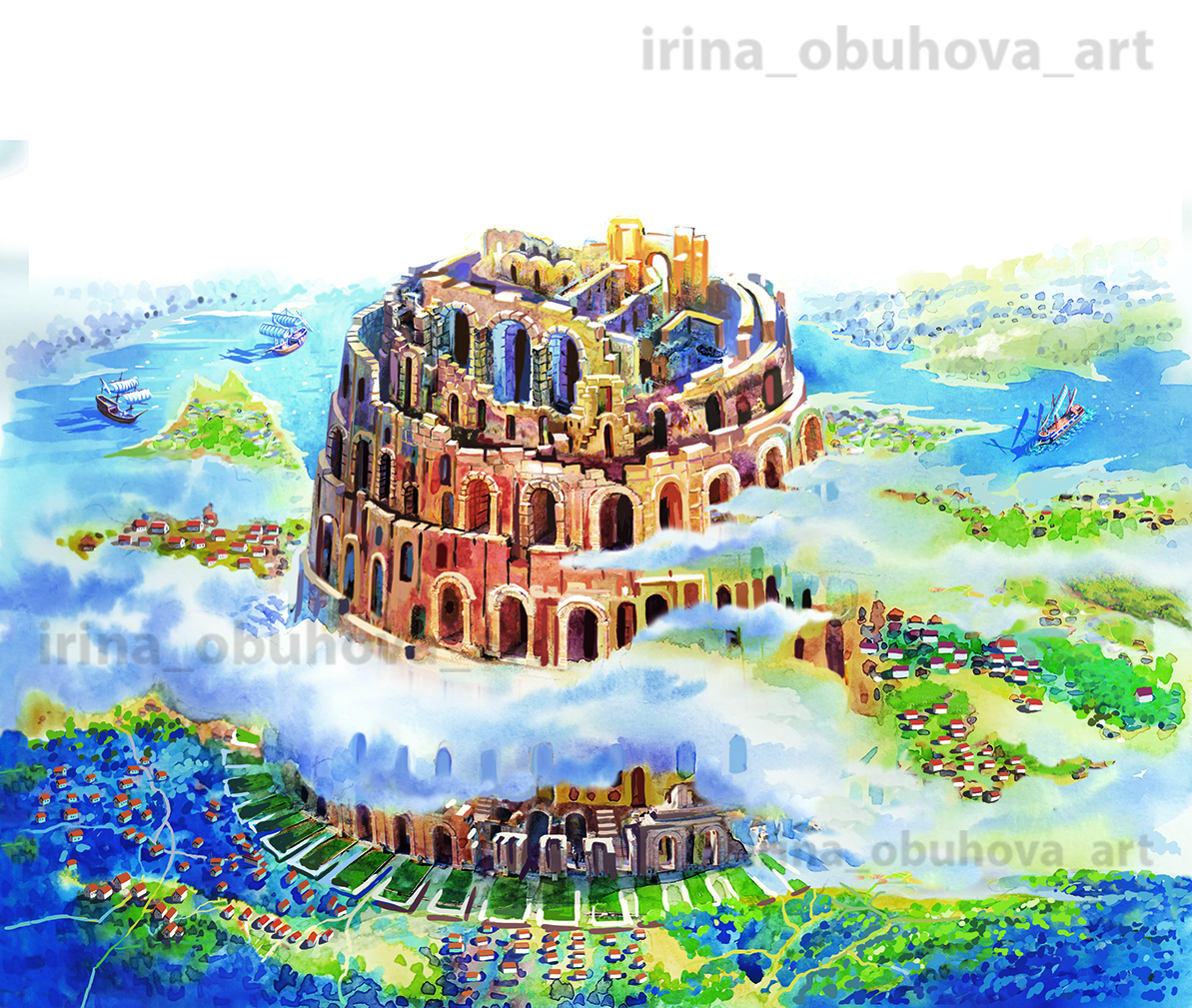 Иллюстрация Вавилонская башня. Библия для детей. в стиле книжная