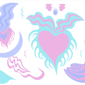 Sticker pack with hearts, waves, stars, abstract shapes, flowers, clouds, moons and thorns