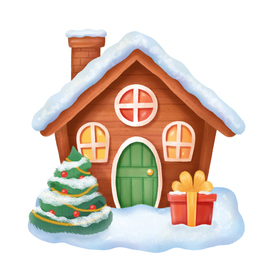 Сказочный волшебный домик в снегу, зеленая елка и подарок. Новогодняя зимняя иллюстрация. Цифровая акварель.