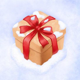 Милая подарочная коробка на фоне снега. Цифровая акварель.