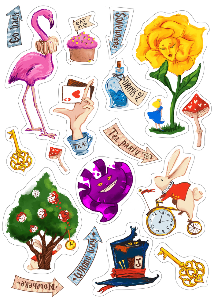 Иллюстрация Стикеры Алиса в стране чудес в стиле 2d