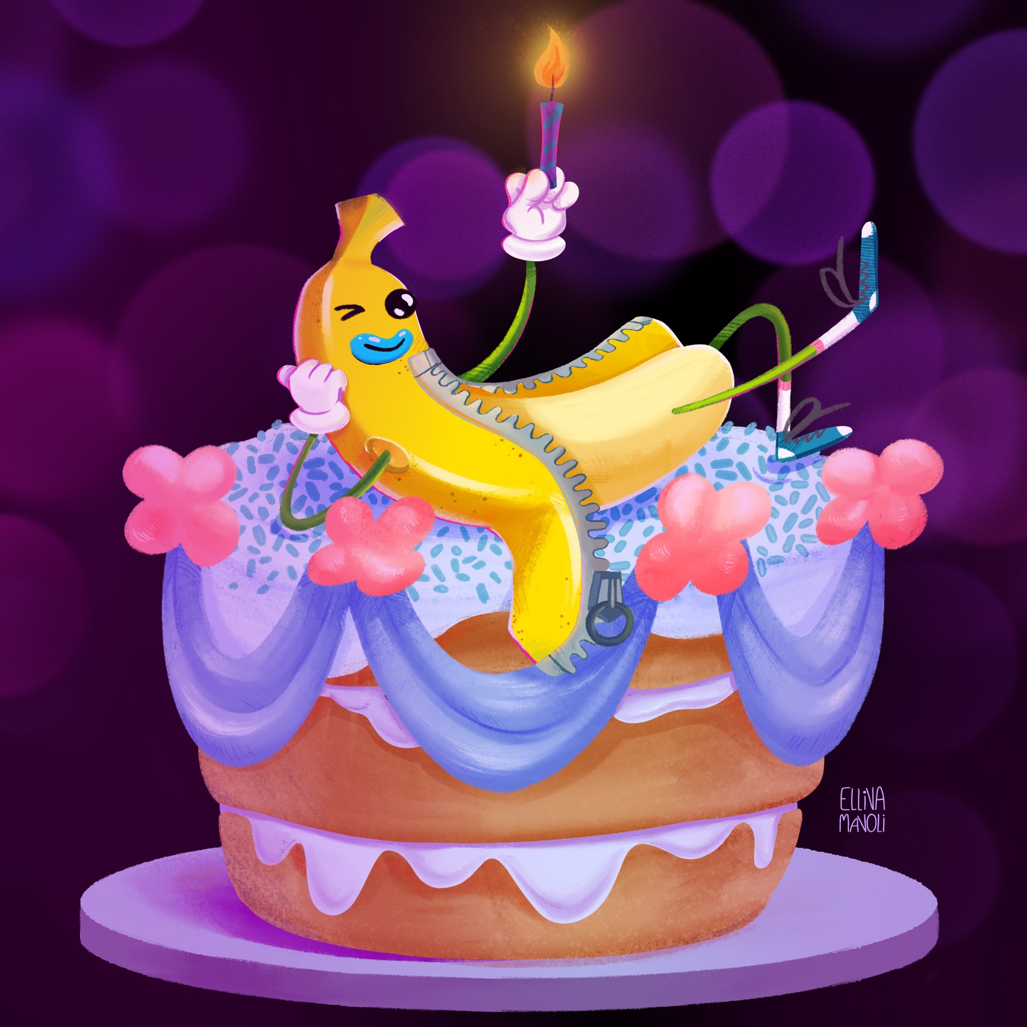 Иллюстрация Банана Фан на тортике в стиле 2d, компьютерная графика,