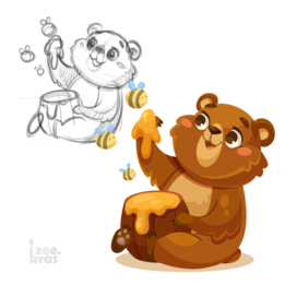 Иллюстрация и эскиз веселого медвежонка 