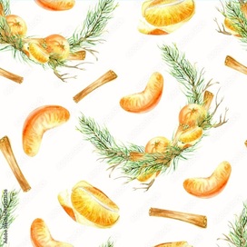 Акварельный новогодний бесшовный паттерн из рождественского века с мандаринами и корицей 