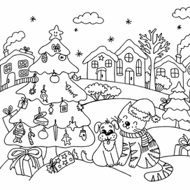 Раскраска "Мяуш и Элли" в ожидании Нового года