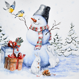 Новогодняя открытка со снеговиком