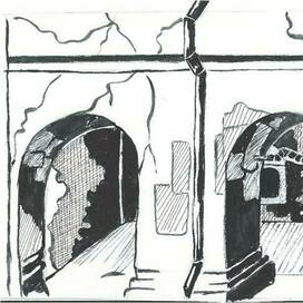 Подворье. Чб, гуашь, линер