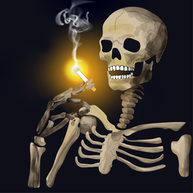 Скелет с сигаретой в руке.