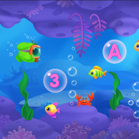Игра, где персонаж под водой собирает буквы и цифры.
