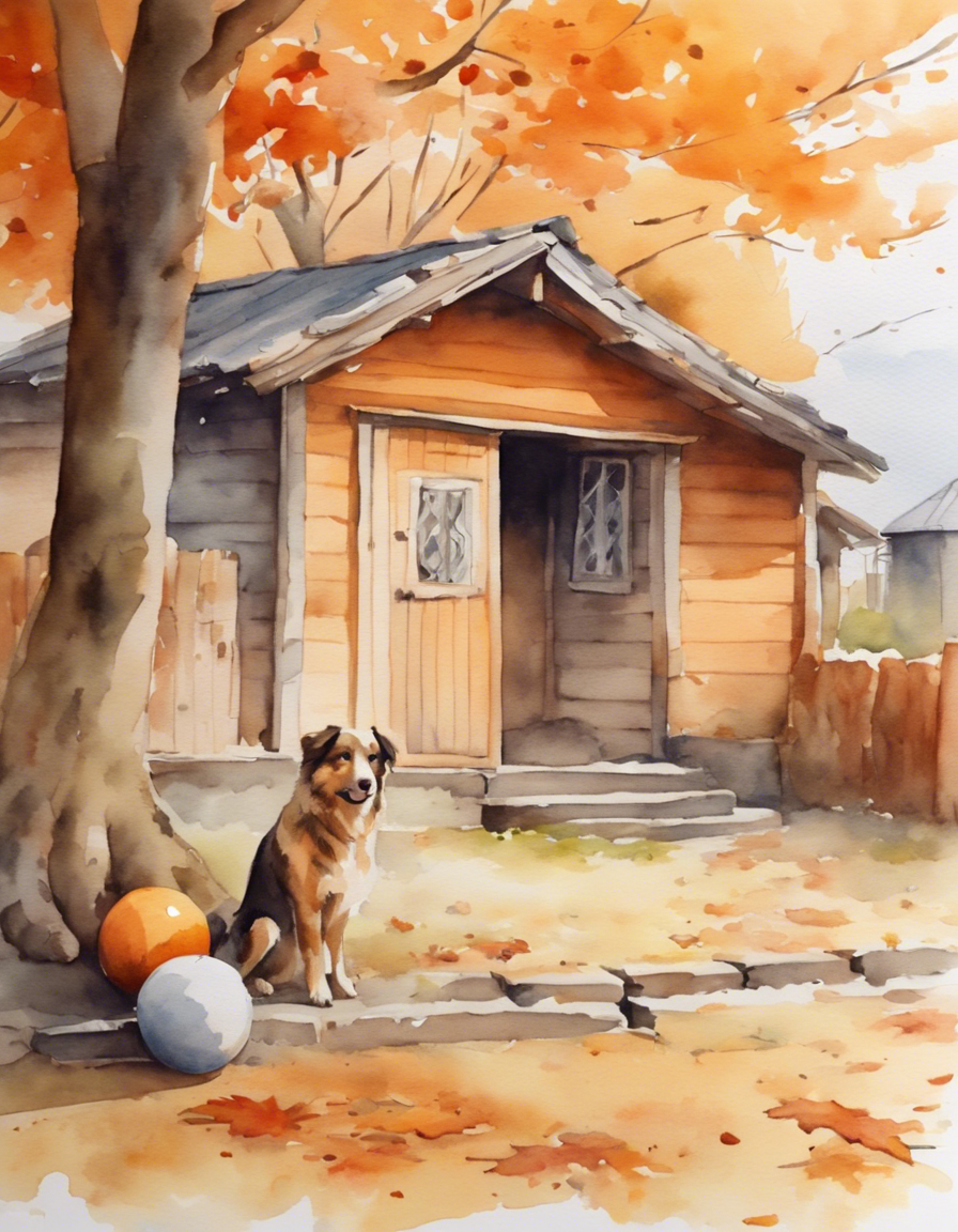 Осень. Собачка в деревне. Акварель.