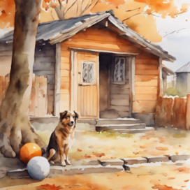 Осень. Собачка в деревне. Акварель.