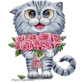 Кот с букетом роз