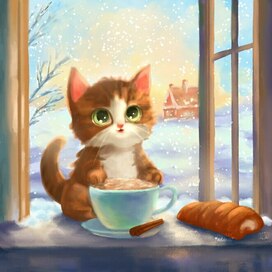 Котёнок с чашечкой латте